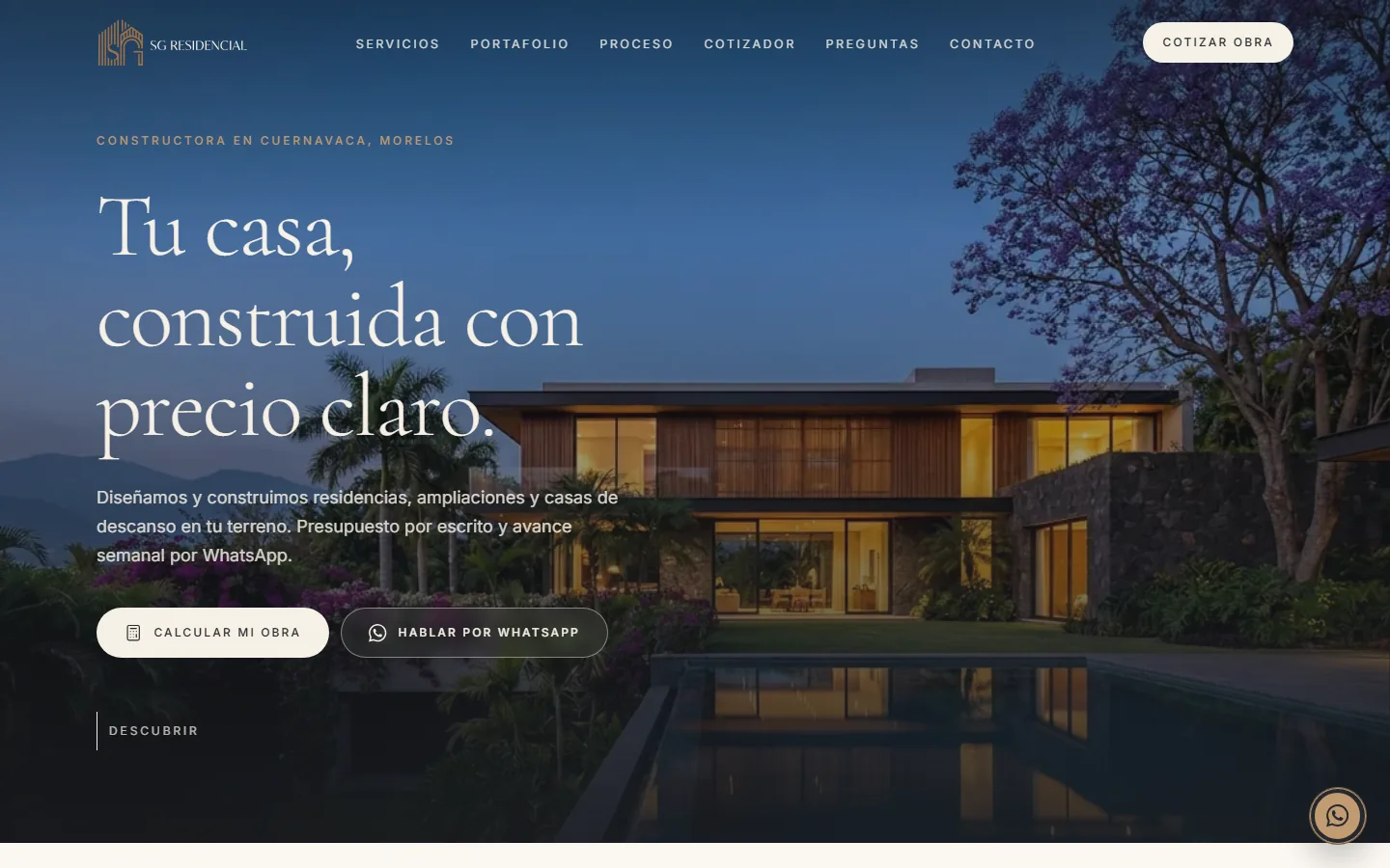 Página de inicio del sitio de SG Residencial en escritorio