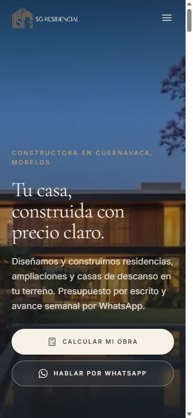 Sitio de SG Residencial visto en celular